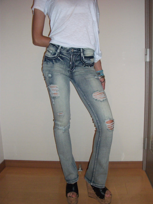 Low Rise Damage Wash Jeans